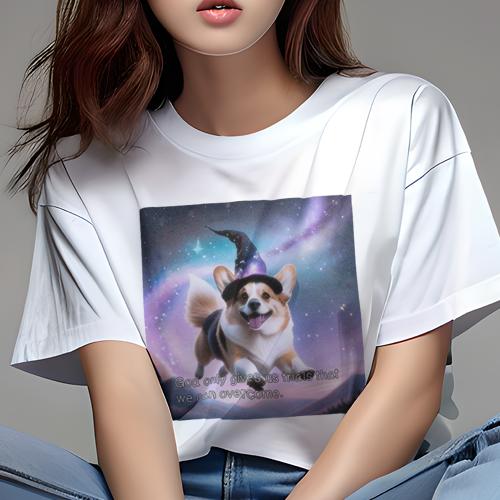 Tシャツ レディース 犬ファン 半袖 春夏 犬柄 プリント カジュアル かわいい 人間用 フィットネス ダンス 魔法の帽子 コーギー 星空 山 ファンタジー(4)