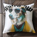 サングラス ボーダーコリー 黄色いコート 笑顔 ファッション スタイリッシュ クッションカバー 45×45cm アニマル柄 おしゃれ 可愛い クッション本体付き...