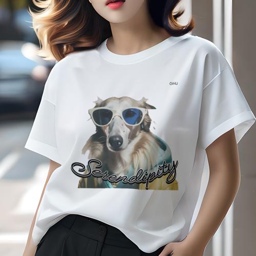 Tシャツ レディース 犬ファン 半袖 春夏 犬柄 プリント カジュアル かわいい 人間用 フィットネス ダンス サングラス ボルゾイ パーカー セレンディピティ