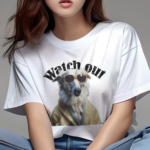 Tシャツ レディース 犬ファン 半袖 春夏 犬柄 プリント カジュアル かわいい 人間用 フィットネス ダンス サングラス ボルゾイ ジャケット Watch out Tシャツ レディース 犬ファン 半袖 春夏 犬柄 プリント カジュアル かわいい 人間用 フィットネス ダンス サングラス ボルゾイ ジャケット Watch out