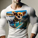 長袖Tシャツ 人間用 メンズ 秋春夏 プリント レジャー アウトドア カジュアル かわいい 犬ファン サーフボード チワワ 海 波 青空 ビーチ