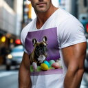 Tシャツ メンズ キッズ 犬ファン 半袖 春夏 犬柄 プリント カジュアル かわいい 人間用 フィットネス ダンス イースターエッグ フレンチブルドッグ パープル背景 装飾たまご