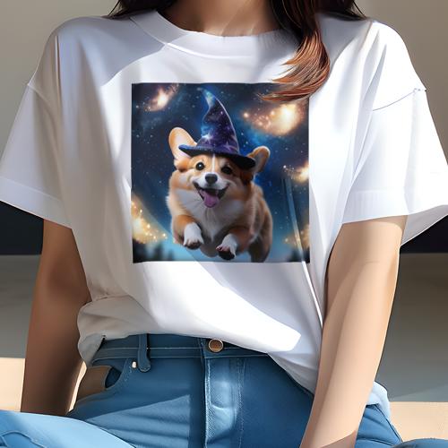 Tシャツ レディース 犬ファン 半袖 春夏 犬柄 プリント カジュアル かわいい 人間用 フィットネス ダンス 魔法の帽子 コーギー 星 夜空 宇宙(4)