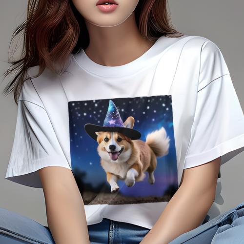 Tシャツ レディース 犬ファン 半袖 春夏 犬柄 プリント カジュアル かわいい 人間用 フィットネス ダンス 魔法の帽子 コーギー 星空 魔法 楽しい 冒険 Tシャツ レディース 犬ファン 半袖 春夏 犬柄 プリント カジュアル かわいい 人間用 フィットネス ダンス 魔法の帽子 コーギー 星空 魔法 楽しい 冒険
