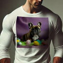 長袖Tシャツ 人間用 メンズ 秋春夏 プリント レジャー アウトドア カジュアル かわいい 犬ファン イースターエッグ フレンチブルドッグ パープル背景 装飾たまご