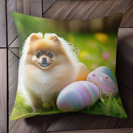 イースターエッグ ポメラニアン 草 花 クッションカバー 45×45cm アニマル柄 おしゃれ 可愛い クッション本体付き 正方形 犬ファン