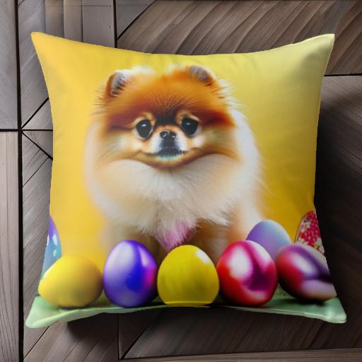 イースターエッグ ポメラニアン カラフルな卵 黄色い背景 クッションカバー 45×45cm アニマル柄 おしゃ..