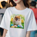Tシャツ レディース 犬ファン 半袖 春夏 犬柄 プリント カジュアル かわいい 人間用 フィットネス ダンス イースター ポメラニアン たまご ひよこ 草