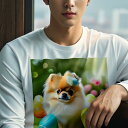 長袖Tシャツ 人間用 メンズ 秋春夏 プリント レジャー アウトドア カジュアル かわいい 犬ファン イースターエッグ ポメラニアン 花 緑の背景