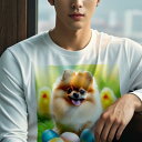 長袖Tシャツ 人間用 メンズ 秋春夏 プリント レジャー アウトドア カジュアル かわいい 犬ファン イースター ポメラニアン たまご ひよこ 草