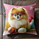 イースターエッグ ポメラニアン 花 背景がピンク クッションカバー 45×45cm アニマル柄 おしゃれ 可愛い クッション本体付き 正方形 犬ファン