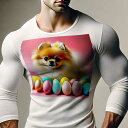 長袖Tシャツ 人間用 メンズ 秋春夏 プリント レジャー アウトドア カジュアル かわいい 犬ファン カラフルな卵 ポメラニアン ピンクの背景