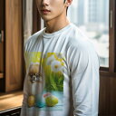 長袖Tシャツ 人間用 メンズ 秋春夏 プリント レジャー アウトドア カジュアル かわいい 犬ファン 花 ポメラニアン たまご 春