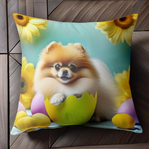 花 ポメラニアン カラフルな卵 黄色のデコレーション クッションカバー 45×45cm アニマル柄 おしゃれ ..