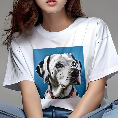 Tシャツ レディース 犬ファン 半袖 春夏 犬柄 プリント カジュアル かわいい 人間用 フィットネス ダンス 青い背景 ダルメシアン 赤い首輪