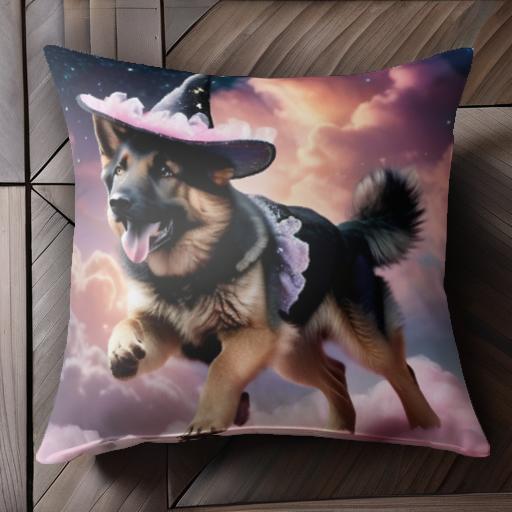 魔法使いの帽子 ジャーマンシェパードドッグ ファンタジー 夕焼け 雲 可愛い クッションカバー 45×45cm アニマル柄 おしゃれ クッション本体付き 正方形 犬ファン