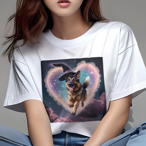Tシャツ レディース 犬ファン 半袖 春夏 犬柄 プリント カジュアル かわいい 人間用 フィットネス ダンス 魔法の帽子 ジャーマンシェパード ハート 星 雲