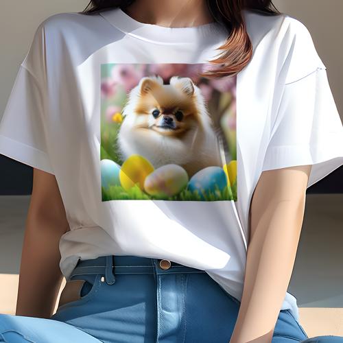 Tシャツ レディース 犬ファン 半袖 春夏 犬柄 プリント カジュアル かわいい 人間用 フィットネス ダンス カラフルな卵 ポメラニアン 花 芝生