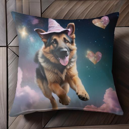 魔女の帽子 ジャーマンシェパードドッグ ハート 星 雲 クッションカバー 45×45cm アニマル柄 おしゃれ 可愛い クッション本体付き 正方形 犬ファン