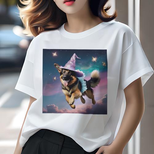 Tシャツ レディース 犬ファン 半袖 春夏 犬柄 プリント カジュアル かわいい 人間用 フィットネス ダンス 魔法使いの帽子 ジャーマンシェパードドッグ 星 夜空 Tシャツ レディース 犬ファン 半袖 春夏 犬柄 プリント カジュアル かわいい 人間用 フィットネス ダンス 魔法使いの帽子 ジャーマンシェパードドッグ 星 夜空