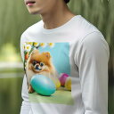 長袖Tシャツ 人間用 メンズ 秋春夏 プリント レジャー アウトドア カジュアル かわいい 犬ファン 花 ポメラニアン かご たまご 黄色 オレンジ色