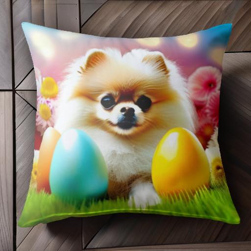 イースターエッグ ポメラニアン 花 芝生 クッションカバー 45×45cm アニマル柄 おしゃれ 可愛い クッシ..