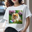 Tシャツ レディース 犬ファン 半袖 春夏 犬柄 プリント カジュアル かわいい 人間用 フィットネス ダンス 卵 ポメラニアン 草 ピンクの花(4)