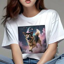 Tシャツ レディース 犬ファン 半袖 春夏 犬柄 プリント カジュアル かわいい 人間用 フィットネス ダンス 魔法の帽子 ジャーマンシェパード犬 夜空 星 雲 魔法(4)