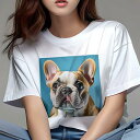 Tシャツ レディース 犬ファン 半袖 春夏 犬柄 プリント カジュアル かわいい 人間用 フィットネス ダンス 青い背景 フレンチブルドッグ 犬の顔 耳の大きい犬 茶色と白の犬