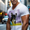 Tシャツ メンズ キッズ 犬ファン 半袖 春夏 犬柄 プリント カジュアル かわいい 人間用 フィットネス ダンス イースターエッグ フレンチブルドッグ 紫の背景 黄色の草
