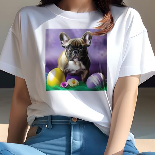 Tシャツ レディース 犬ファン 半袖 春夏 犬柄 プリント カジュアル かわいい 人間用 フィットネス ダンス イースターエッグ フレンチブルドッグ 花 草 紫の背景 Tシャツ レディース 犬ファン 半袖 春夏 犬柄 プリント カジュアル かわいい 人間用 フィットネス ダンス イースターエッグ フレンチブルドッグ 花 草 紫の背景