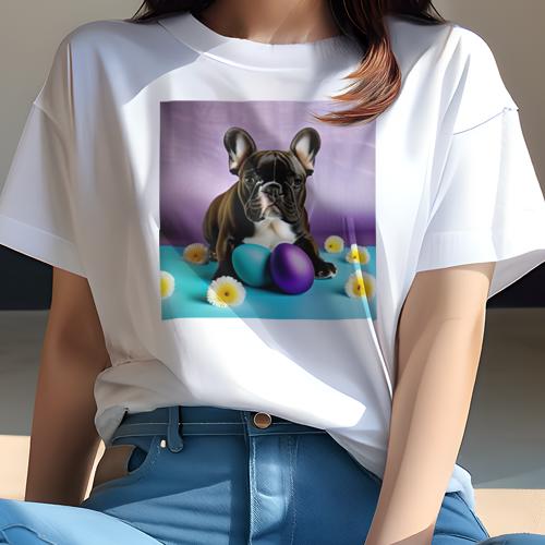 Tシャツ レディース 犬ファン 半袖 春夏 犬柄 プリント カジュアル かわいい 人間用 フィットネス ダンス 花 フレンチブルドッグ カラフルな卵 紫の背景