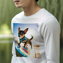 長袖Tシャツ 人間用 メンズ 秋春夏 プリント レジャー アウトドア カジュアル かわいい 犬ファン サーフボード チワワ 波 サングラス