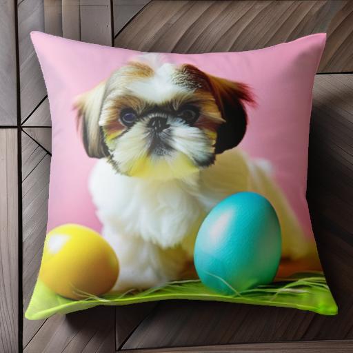 卵 シーズー ピンクの背景 草 クッションカバー 45×45cm アニマル柄 おしゃれ 可愛い クッション本体付き 正方形 犬ファン