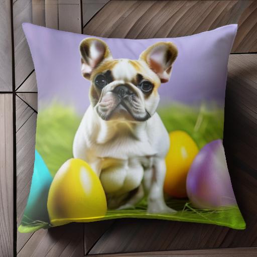 イースターエッグ フレンチブルドッグ 草 紫色の背景 クッションカバー 45×45cm アニマル柄 おしゃれ ..