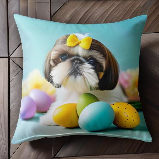 イースターエッグ シーズー 花 リボン クッションカバー 45×45cm アニマル柄 おしゃれ 可愛い クッショ..