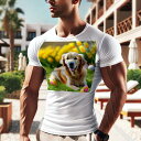 Tシャツ メンズ キッズ 犬ファン 半袖 春夏 犬柄 プリント カジュアル かわいい 人間用 フィットネス ダンス チューリップ ゴールデンレトリバー 芝生 イースターエッグ