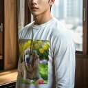 長袖Tシャツ 人間用 メンズ 秋春夏 プリント レジャー アウトドア カジュアル かわいい 犬ファン チューリップ ゴールデンレトリバー 芝生 イースターエッグ