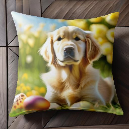 花 ゴールデンレトリバー イースターエッグ 芝生 太陽 クッションカバー 45×45cm アニマル柄 おしゃれ ..