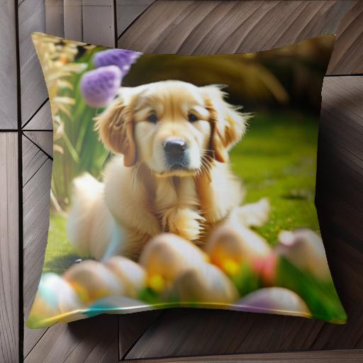 草地 ゴールデンレトリバー イースターエッグ 紫の花 クッションカバー 45×45cm アニマル柄 おしゃれ ..