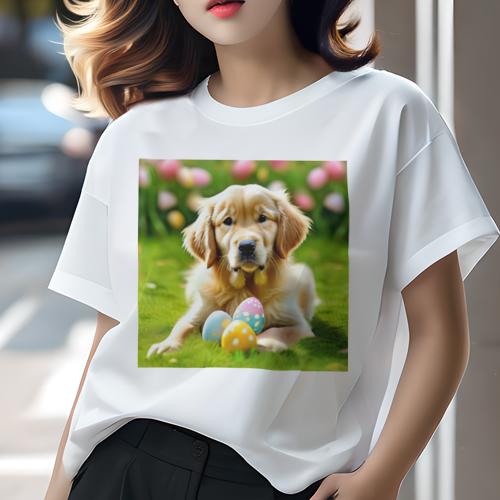 Tシャツ レディース 犬ファン 半袖 春夏 犬柄 プリント カジュアル かわいい 人間用 フィットネス ダンス イースターエッグ ゴールデンレトリバー 草 花(4)