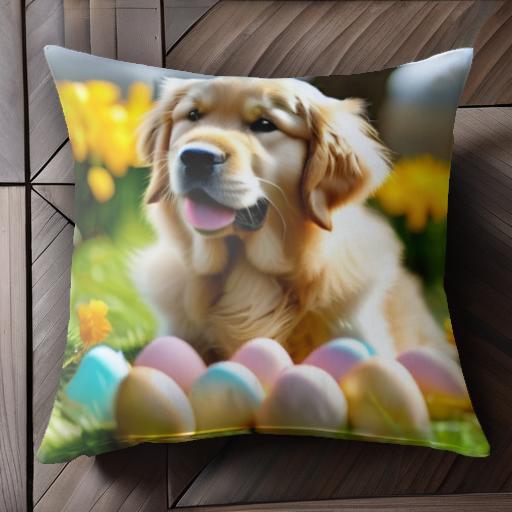 イースターエッグ ゴールデンレトリバー 黄色い花 芝生 クッションカバー 45×45cm アニマル柄 おしゃれ..