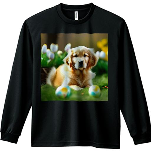 長袖Tシャツ 人間用 メンズ 秋春夏 プリント レジャー アウトドア カジュアル かわいい 犬ファン 芝生 ゴールデンレトリバー イースターエッグ かご 花