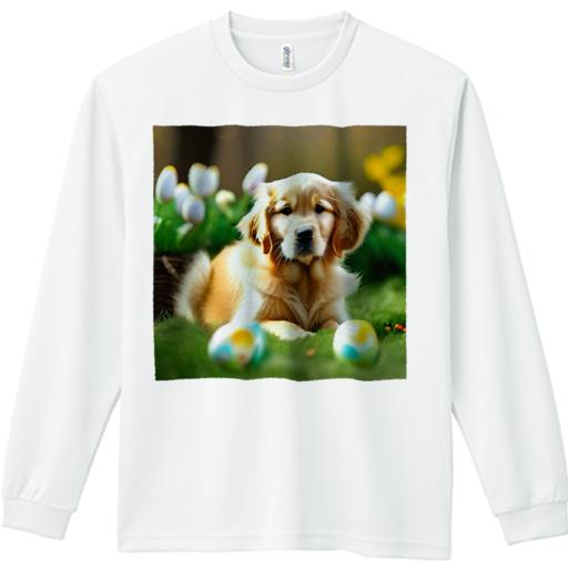 長袖Tシャツ 人間用 メンズ 秋春夏 プリント レジャー アウトドア カジュアル かわいい 犬ファン 芝生 ゴールデンレトリバー イースターエッグ かご 花