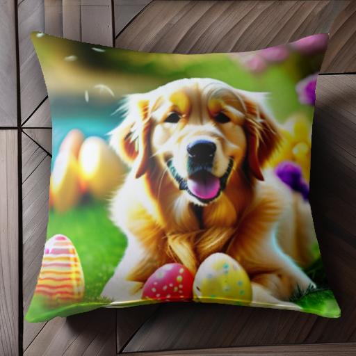 イースターエッグ ゴールデンレトリバー 花 芝生 クッションカバー 45×45cm アニマル柄 おしゃれ 可愛..