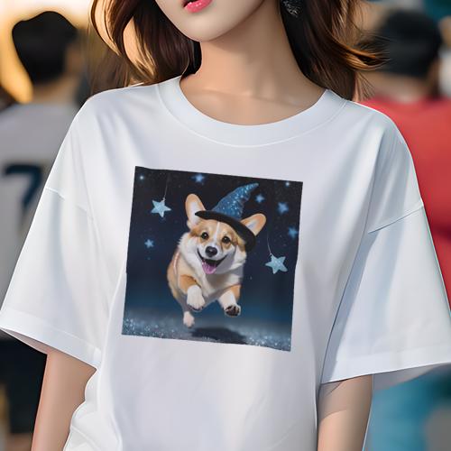 Tシャツ レディース 犬ファン 半袖 春夏 犬柄 プリント カジュアル かわいい 人間用 フィットネス ダンス 魔法の帽子 ウェルシュコーギー 星 夜空 光 Tシャツ レディース 犬ファン 半袖 春夏 犬柄 プリント カジュアル かわいい 人間用 フィットネス ダンス 魔法の帽子 ウェルシュコーギー 星 夜空 光