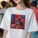 Tシャツ レディース 犬ファン 半袖 春夏 犬柄 プリント カジュアル かわいい 人間用 フィットネス ダンス 赤いソファ ドーベルマン 青いカーテン ネクタイ(4)