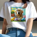 Tシャツ レディース 犬ファン 半袖 春夏 犬柄 プリント カジュアル かわいい 人間用 フィットネス ダンス イースターエッグ ゴールデンレトリバー 花 バスケット(4)
