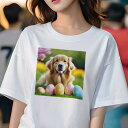 Tシャツ レディース 犬ファン 半袖 春夏 犬柄 プリント カジュアル かわいい 人間用 フィットネス ダンス イースターエッグ ゴールデンレトリバー 春 芝生