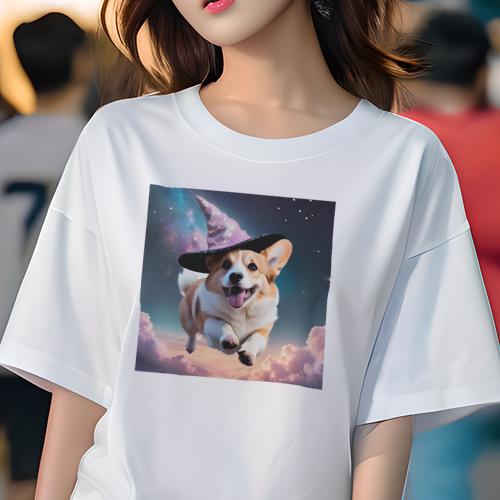 Tシャツ レディース 犬ファン 半袖 春夏 犬柄 プリント カジュアル かわいい 人間用 フィットネス ダンス 魔法の帽子 コーギー 夜空 星 雲 Tシャツ レディース 犬ファン 半袖 春夏 犬柄 プリント カジュアル かわいい 人間用 フィットネス ダンス 魔法の帽子 コーギー 夜空 星 雲